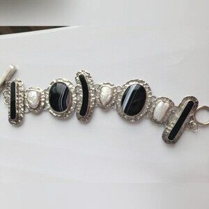 Beautiful Vintage Sterling Silver Chunky Boho Pearl Agate Statement Bracelet